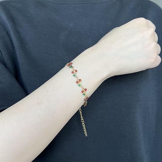 Cherry Bracelet for Women Dainty Red Pink Cherry Daisy Bracelet Cherry Link Bracelet Cherry Charm Bracelet Fruit Crystal Enamel Bracelet Adjustable Summer Beach Jewelry